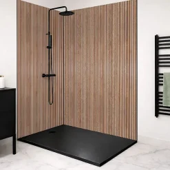 99Deco Lot de 2 panneaux de douche en aluminium (90x220 & 120x220 cm) + profilés noir - effet bois - Japandi - Marron et noir