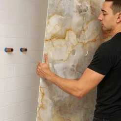 99Deco Lot de 2 panneaux de douche en PVC (90x220 & 120x220 cm) + profilés blanc - Gémolodie - Beige et gris