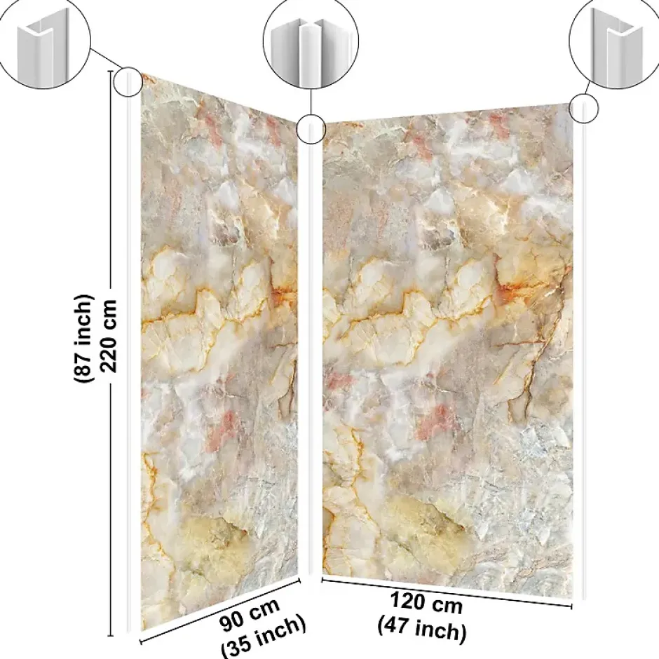 99Deco Lot de 2 panneaux de douche en PVC (90x220 & 120x220 cm) + profilés blanc - Gémolodie - Beige et gris