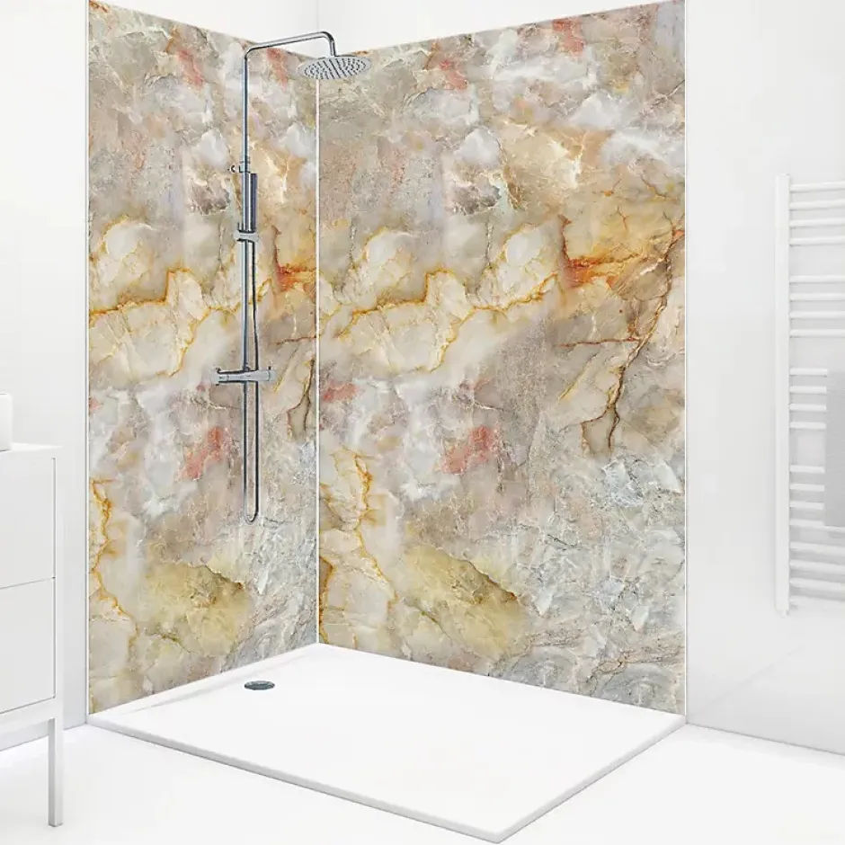 99Deco Lot de 2 panneaux de douche en PVC (90x220 & 120x220 cm) + profilés blanc - Gémolodie - Beige et gris