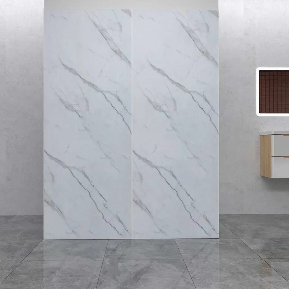 AICA Sanitaire Lot de 2 panneaux muraux de douche effet blanc marbre mural aluminium avec 1 profile - L.90 x L.90 x H.210 cm - facile à nettoyer