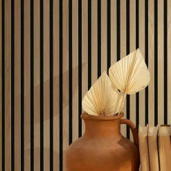 Decoon Lot de 7 Panneaux muraux tasseaux bois 120x30x1 cm - Pack tête de lit 160 - Lamelles chêne clair véritable fond noir 2,52 m²