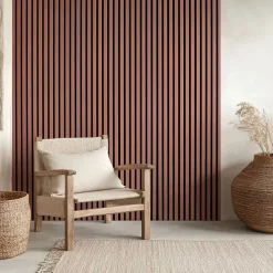 Decoon Lot de 7 Panneaux muraux tasseaux bois 120 x 30 x 1,9 cm - Pack tête de lit - Lamelles terracotta / feutrine noir - 2,52m²