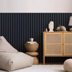 Decoon Lot de 7 Panneaux muraux tasseaux bois 120 x 30 x 1,9 cm - Pack tête de lit - Lamelles bleu nuit / feutrine noir - 2,52m²