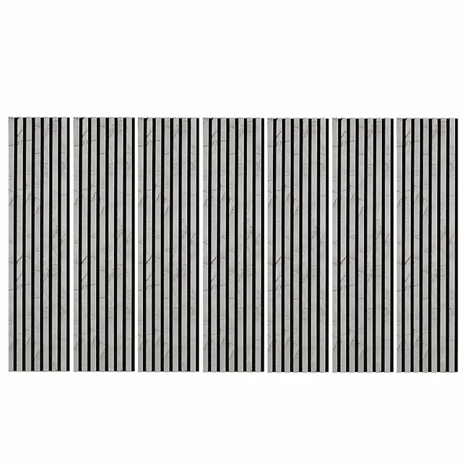 Decoon Lot de 7 Panneaux muraux tasseaux bois 120 x 30 x 1,9 cm - Tête de lit - Lamelles décor marbre gris / feutrine noir - 2,52m²