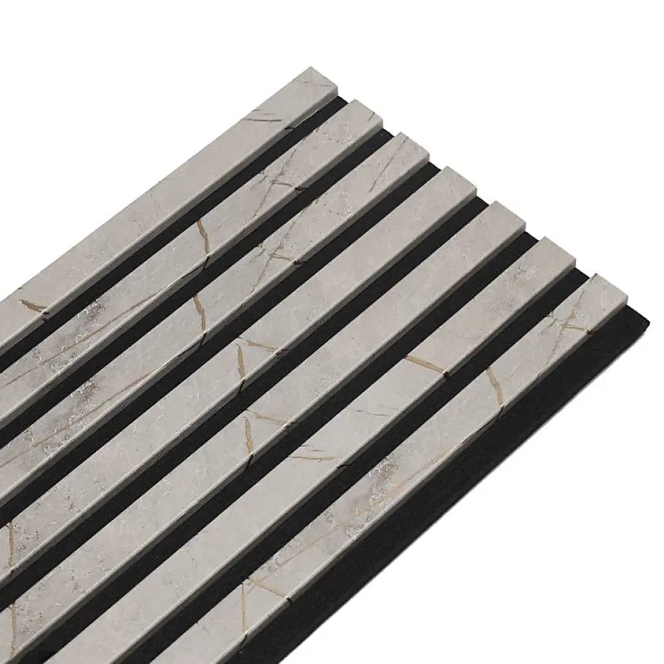 Decoon Lot de 7 Panneaux muraux tasseaux bois 120 x 30 x 1,9 cm - Tête de lit - Lamelles décor marbre gris / feutrine noir - 2,52m²
