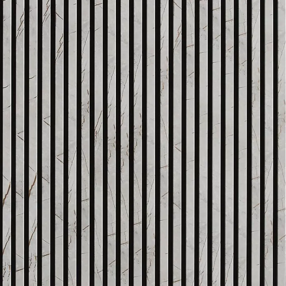 Decoon Lot de 7 Panneaux muraux tasseaux bois 120 x 30 x 1,9 cm - Tête de lit - Lamelles décor marbre gris / feutrine noir - 2,52m²