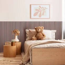 Decoon Lot de 7 Panneaux muraux tasseaux bois 120 x 30 x 1,9 cm - Pack tête de lit - Lamelles rose pastel / feutrine noir - 2,52m²