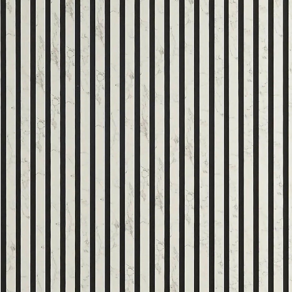 Decoon Lot de 7 Panneaux muraux tasseaux bois 120 x 30 x 1,9 cm - Tête de lit - Lamelles décor marbre blanc / feutrine noir - 2,52m²