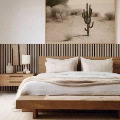 Decoon Lot de 9 Panneaux muraux tasseaux bois 120x30x1 cm - Pack tête de lit 200 - Lamelles chêne clair véritable fond noir 3,24 m²