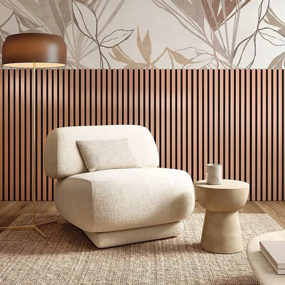 Decoon Lot de 7 Panneaux muraux tasseaux bois 120 x 30 x 1,9 cm - Pack tête de lit - Lamelles rose gold / feutrine noir - 2,52m²