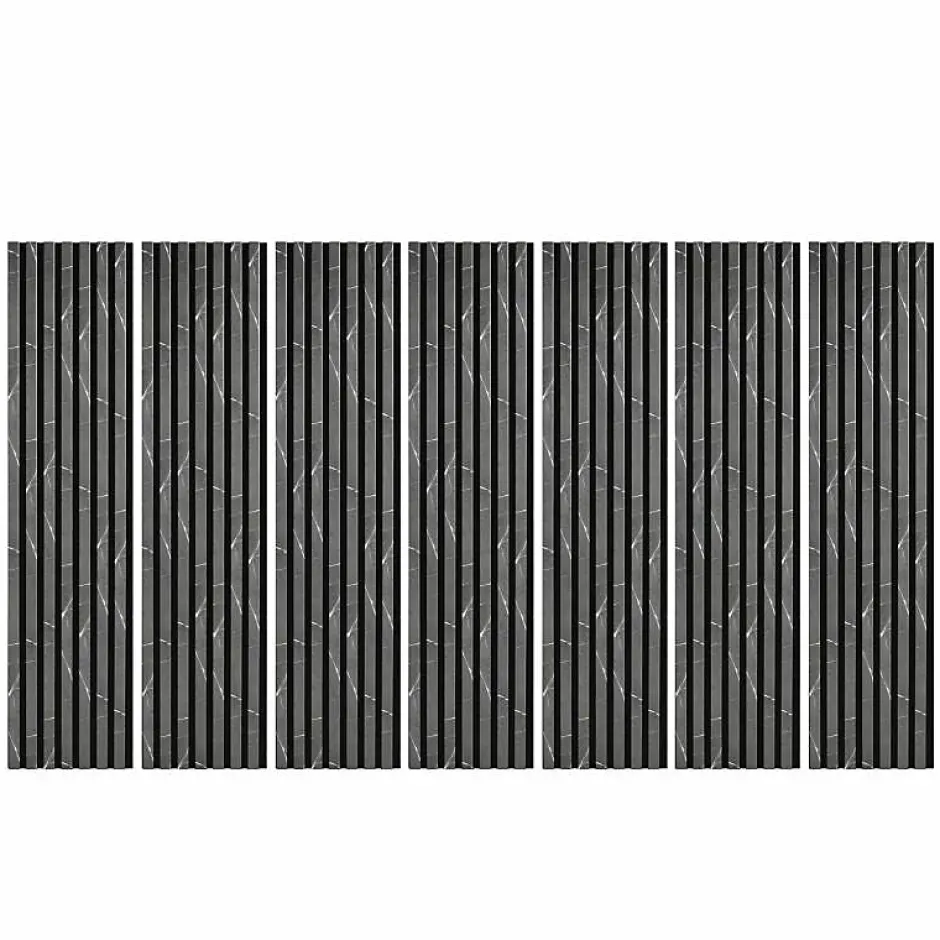 Decoon Lot de 7 Panneaux muraux tasseaux bois 120 x 30 x 1,9 cm - Tête de lit - Lamelles décor marbre noir / feutrine noir - 2,52m²
