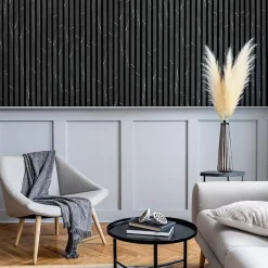 Decoon Lot de 7 Panneaux muraux tasseaux bois 120 x 30 x 1,9 cm - Tête de lit - Lamelles décor marbre noir / feutrine noir - 2,52m²