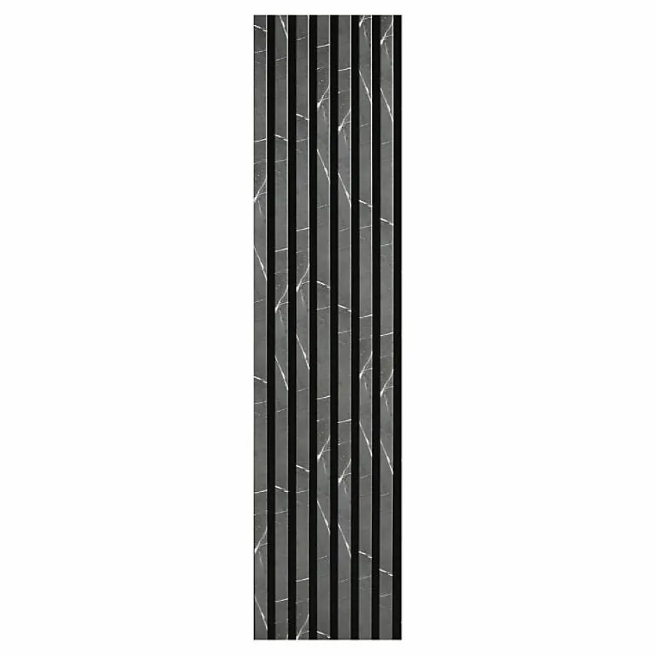 Decoon Lot de 7 Panneaux muraux tasseaux bois 120 x 30 x 1,9 cm - Tête de lit - Lamelles décor marbre noir / feutrine noir - 2,52m²