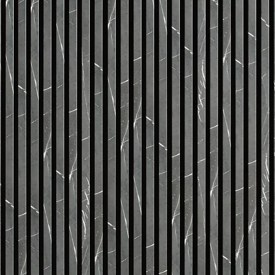 Decoon Lot de 7 Panneaux muraux tasseaux bois 120 x 30 x 1,9 cm - Tête de lit - Lamelles décor marbre noir / feutrine noir - 2,52m²