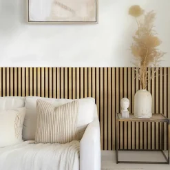 Decoon Lot de 7 Panneaux muraux tasseaux bois 120 x 30 x 1,9 cm - Pack tête de lit - Lamelles gold / feutrine noir - 2,52m²