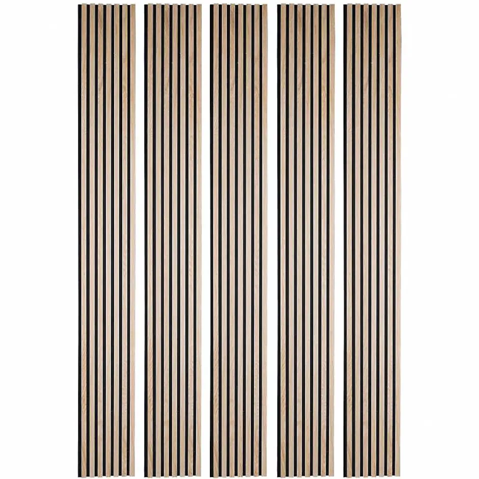 Decoon Lot de 5 panneaux tasseaux bois 250x30x1 cm - Pack Mur TV bois 150cm - Lamelles chêne clair véritable fond noir - 3,75m²