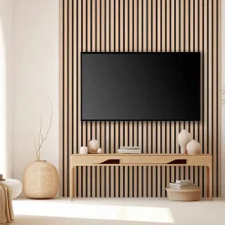Decoon Lot de 5 panneaux tasseaux bois 250x30x1 cm - Pack Mur TV bois 150cm - Lamelles chêne clair véritable fond noir - 3,75m²