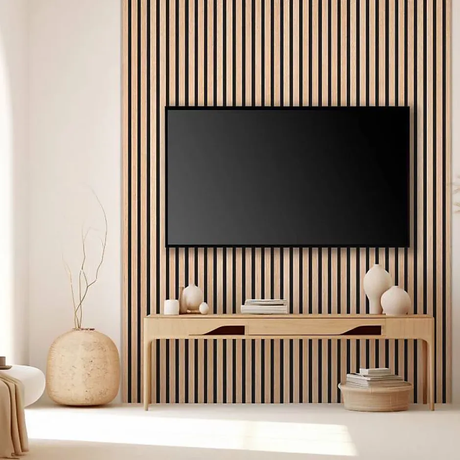 Decoon Lot de 5 panneaux tasseaux bois 250x30x1 cm - Pack Mur TV bois 150cm - Lamelles chêne clair véritable fond noir - 3,75m²