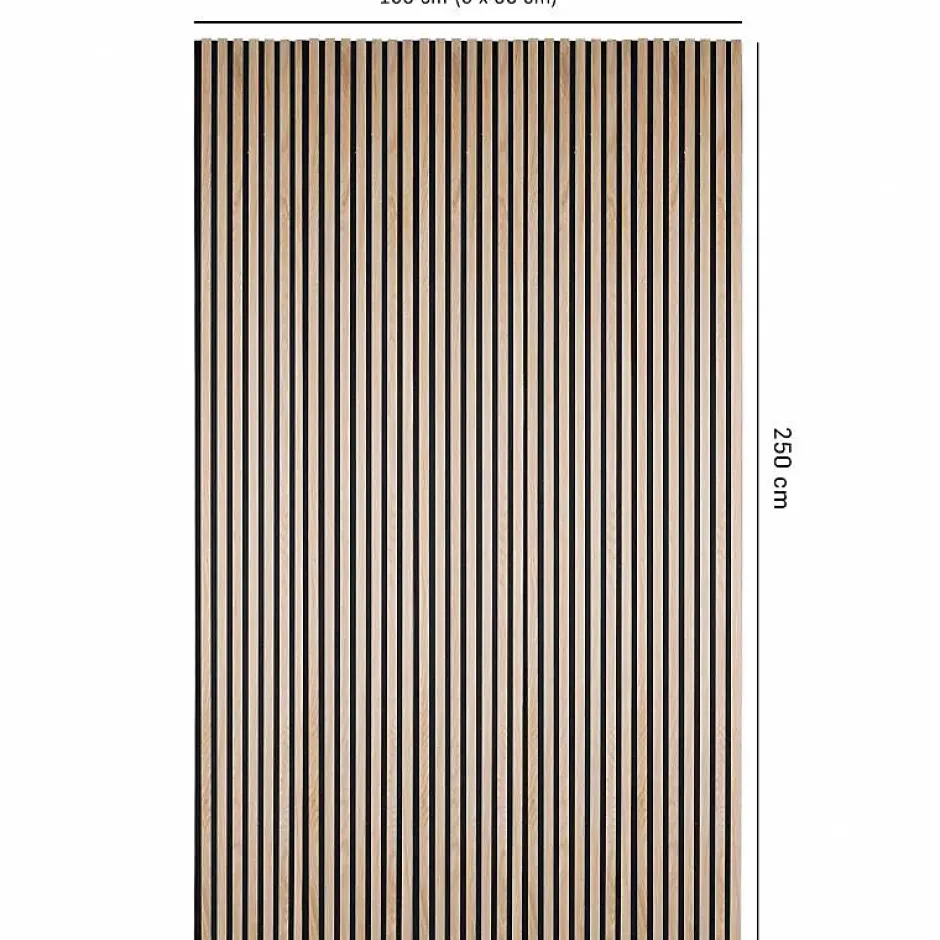 Decoon Lot de 5 panneaux tasseaux bois 250x30x1 cm - Pack Mur TV bois 150cm - Lamelles chêne clair véritable fond noir - 3,75m²