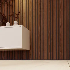 Forestea Lot de 2 Panneaux tasseaux acoustic asymétrique lamelles MDF noyer naturel sur fond noir 2600 x 300 x 17 mm -