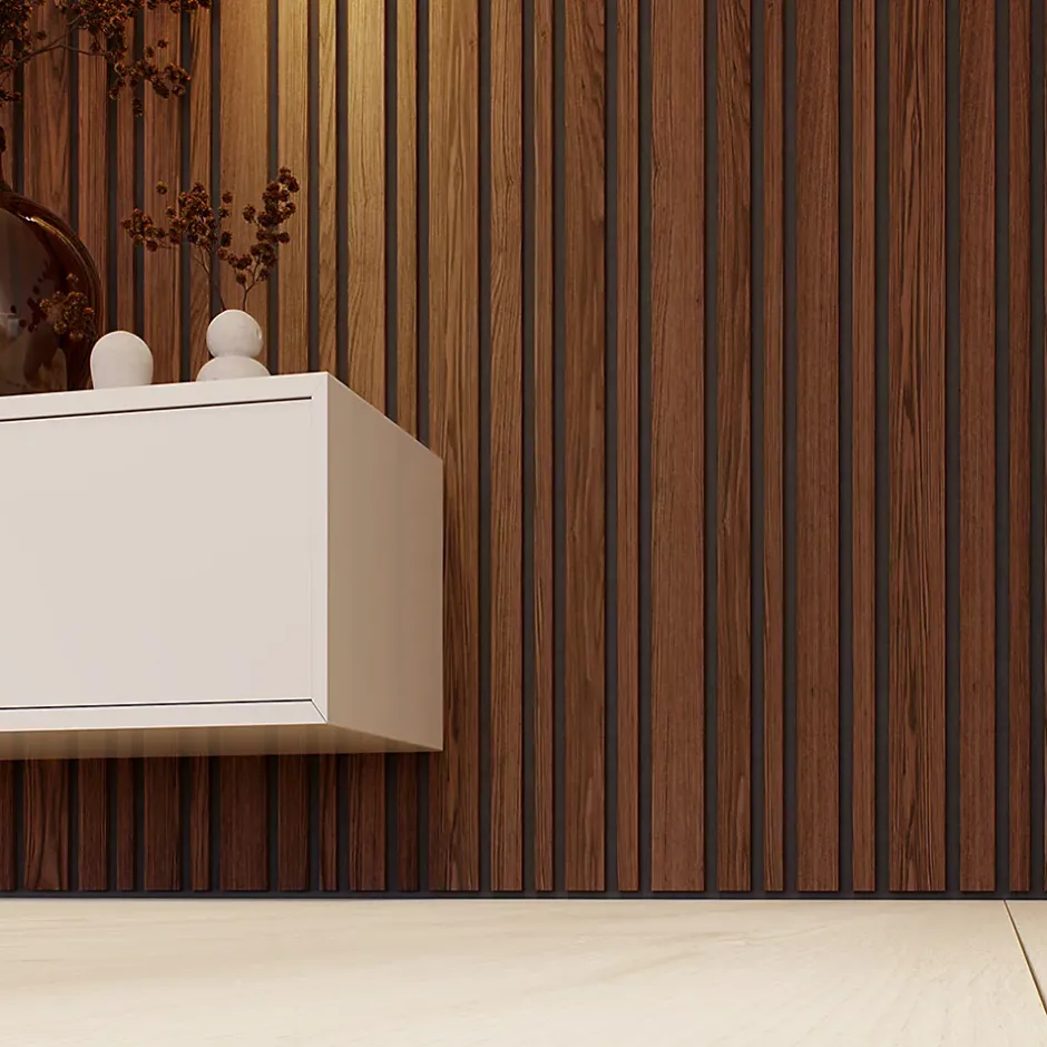 Forestea Lot de 2 Panneaux tasseaux acoustic asymétrique lamelles MDF noyer naturel sur fond noir 2600 x 300 x 17 mm -