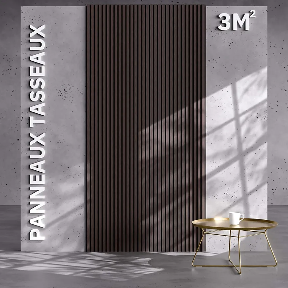 Lot de 2 Panneaux Tasseaux Bois - Noyer Feutre Noir - 3 m², 2500 x 600 mm,-Mon Marché Déco Outlet