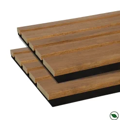 Lot de 2 Panneaux tasseaux acoustic asymétrique lamelles MDF chêne bronze sur fond noir 2600 x 300 x 17 mm --Forestea Outlet