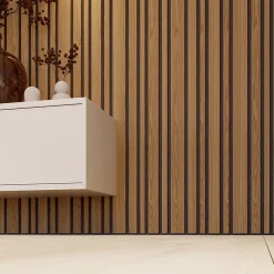 Lot de 2 Panneaux tasseaux acoustic asymétrique lamelles MDF chêne bronze sur fond noir 2600 x 300 x 17 mm --Forestea Outlet