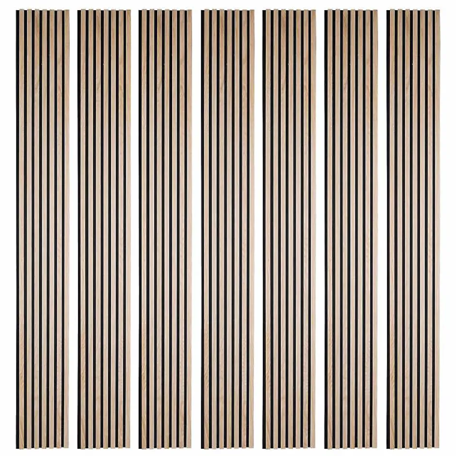 Lot de 7 panneaux tasseaux bois - 250x30x1 cm - Pack Mur TV bois 210cm - Lamelles chêne clair véritable fond noir - 5,25m²-Decoon Online