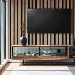 Lot de 7 panneaux tasseaux bois - 250x30x1 cm - Pack Mur TV bois 210cm - Lamelles chêne clair véritable fond noir - 5,25m²-Decoon Online