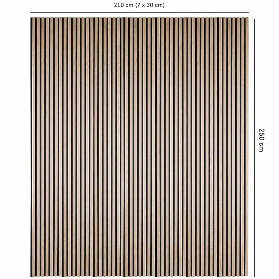 Lot de 7 panneaux tasseaux bois - 250x30x1 cm - Pack Mur TV bois 210cm - Lamelles chêne clair véritable fond noir - 5,25m²-Decoon Online