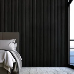Decoon Lot de 2 Panneaux tasseaux bois 250 x 30 x 1,9 cm - Lamelles placage noir fond noir - 1,5m²