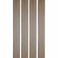 Decoon Lot de 4 panneaux tasseaux bois 250 x 30 x 1 cm - Lamelles bois placage chêne clair véritable fond noir - 3m²