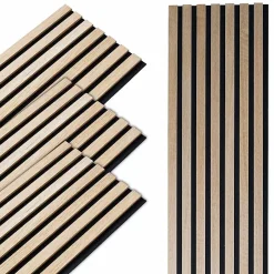 Decoon Lot de 4 panneaux tasseaux bois 250 x 30 x 1 cm - Lamelles bois placage chêne clair véritable fond noir - 3m²
