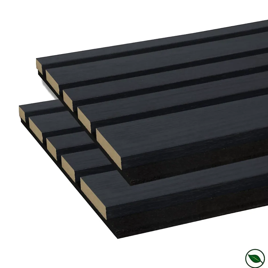 Lot de 2 Panneaux tasseaux acoustic asymétrique lamelles MDF chêne lave sur fond noir 2600 x 300 x 17 mm --Forestea Discount