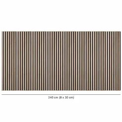 Decoon Lot de 8 Panneaux tasseaux bois 120x30x1 cm - Pack tête de lit 180 - Lamelles chêne clair véritable fond noir 2,88 m²