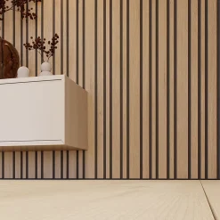 Forestea Lot de 2 Panneaux tasseaux acoustic asymétrique lamelles MDF chêne naturel sur fond noir 2600 x 300 x 17 mm -