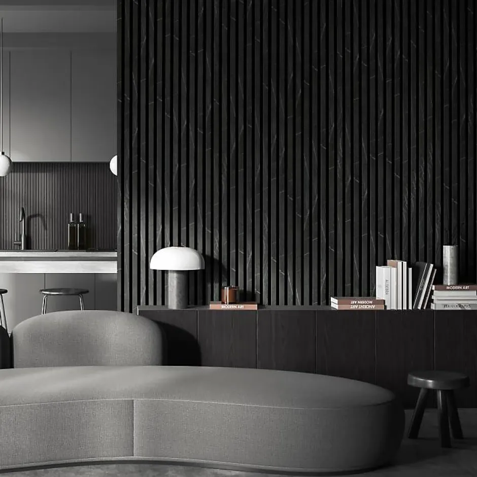 Decoon Lot de 2 Panneaux tasseaux bois 250 x 30 x 1,9 cm - décor marbre noir/feutrine noir - 1,5m²