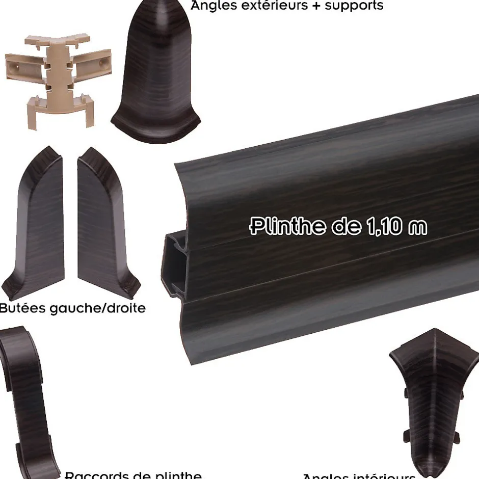 Monmobilierdesign Lot de 50 Plinthes goulotte passe-câble PVC 59 mm - 1,10 m avec angles, raccords et butées Wenge noir