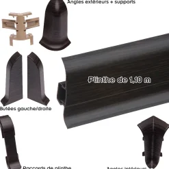 Monmobilierdesign Lot de 10 Plinthes goulotte passe-câble PVC 59 mm - 1,10 m avec angles, raccords et butées Wenge noir