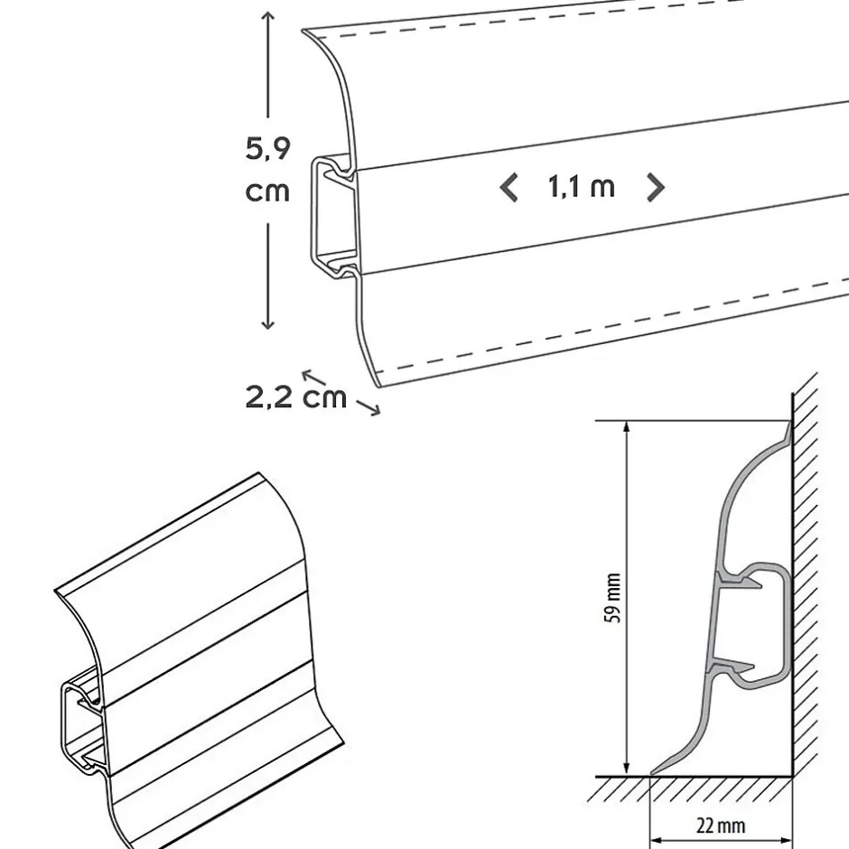Monmobilierdesign Lot de 10 Plinthes goulotte passe-câble PVC 59 mm - 1,10 m avec angles, raccords et butées Wenge noir