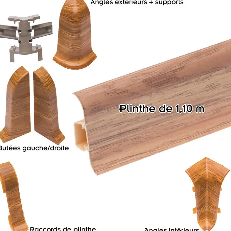 Lot de 10 Plinthes goulotte passe-câble PVC 59 mm - 1,10 m avec angles, raccords et butées Vieux noyer-Monmobilierdesign