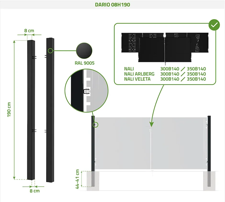 Casanoov Lot de 2 poteaux en fer DARIO 8x8cm H.190cm Noir Mat