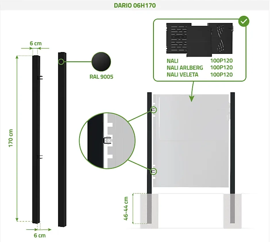 Lot de 2 poteaux en fer DARIO 6x6cm H.170cm Noir Mat-Casanoov New