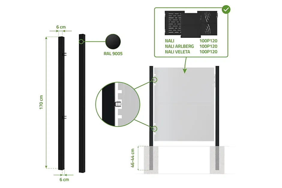 Lot de 2 poteaux en fer DARIO 6x6cm H.170cm Noir Mat-Casanoov New