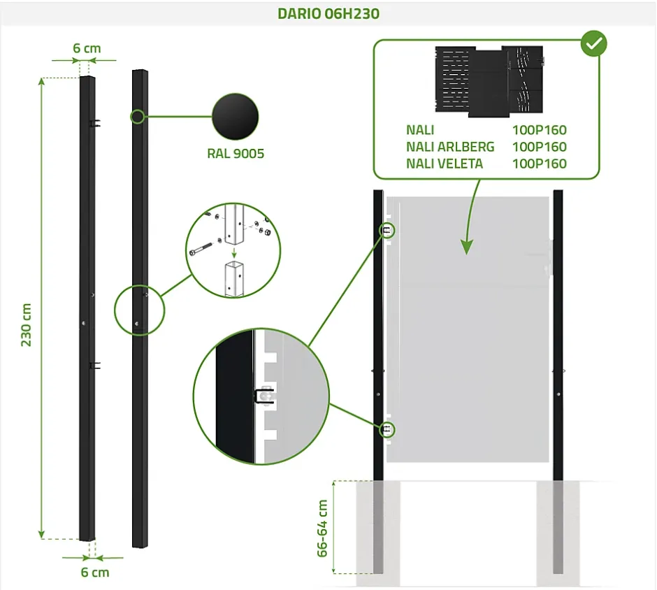 Lot de 2 poteaux en fer DARIO 6x6cm H.230cm Noir Mat-Casanoov Best