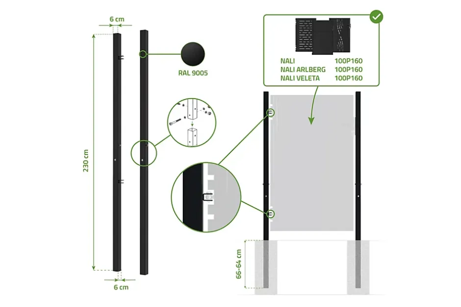 Lot de 2 poteaux en fer DARIO 6x6cm H.230cm Noir Mat-Casanoov Best