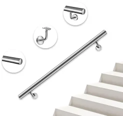 AICA Sanitaire Main courante - acier inox 304 - 180cm - Rampe escalier mural avec embouts - Pour intérieur et extérieur - Avec supports muraux