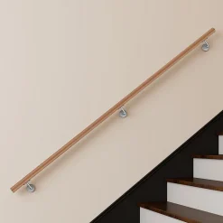 Main courante 220cm, inox 304, Design naturel aspect bois, rampe d'escalier ronde, avec 3 supports muraux, intérieur & extérieur-AICA Sanitaire